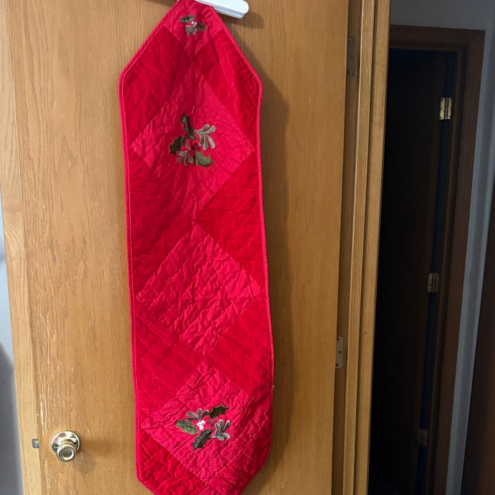 Red Quilted Table Runner with Floral Embroidery